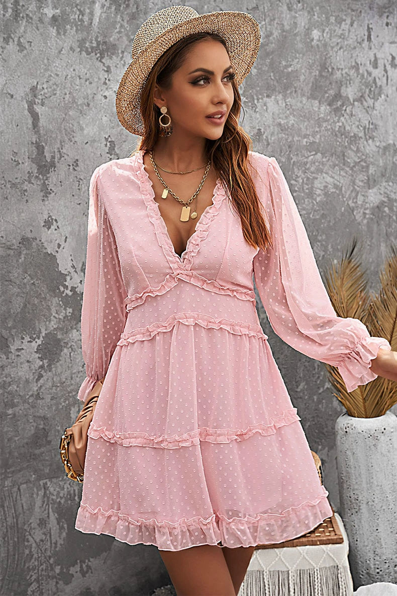 European and American Sexy Deep V Long Sleeve Dress Female 2024 Summer New Arrival Pure Color All-Matching Lantern Sleeve Knee-Length Skirt Female