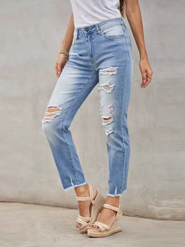 Shiying European and American Style Jeans Women's, Blue Ripped Street Style New Arrival High Waist Women's Cropped Jeans 78363