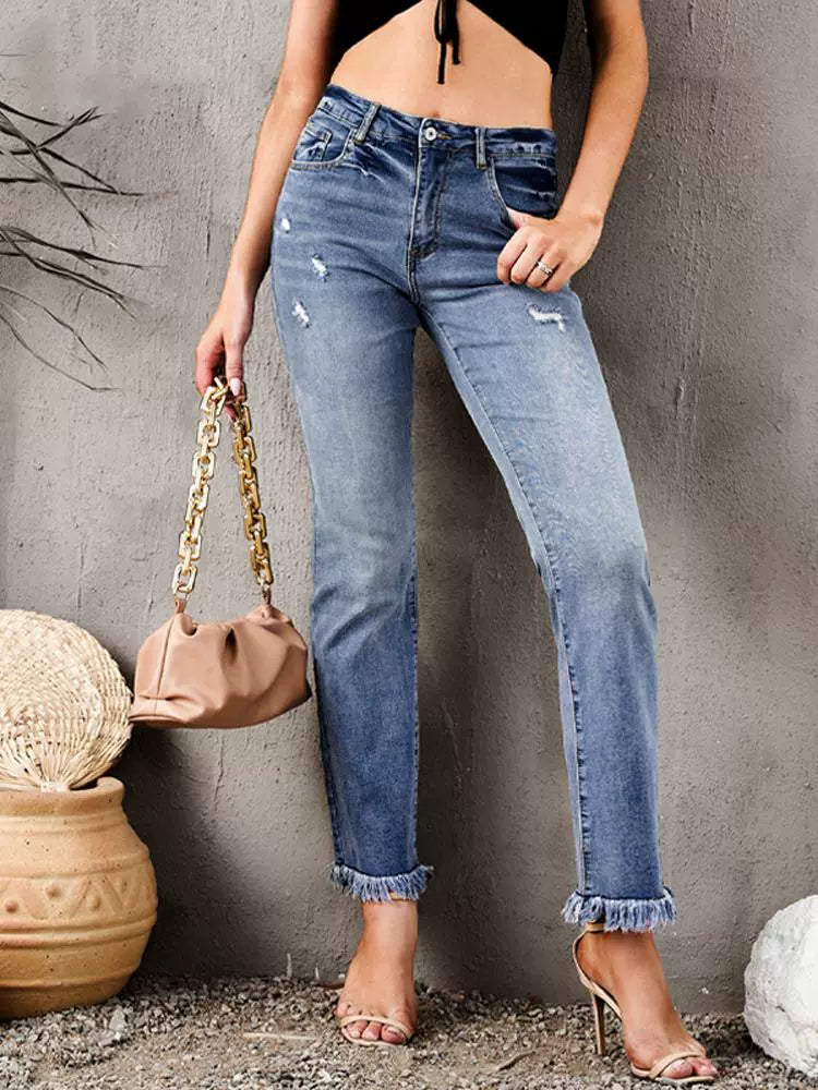 2024 Pure Color Washed Denim Women Fashion Idle Style Loose Cool Casual High Waist Straight-Leg Pants Women