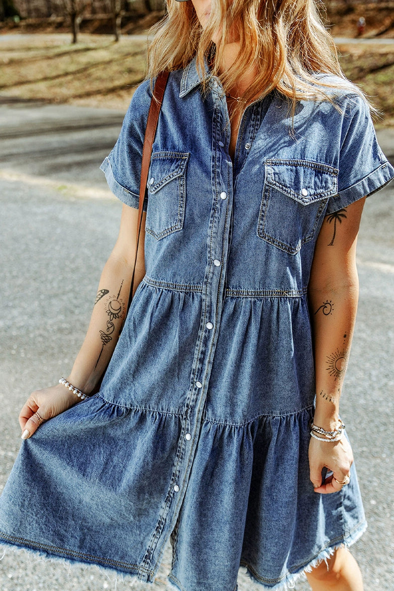 2024 Special-Interest Design Dress Female Fashionable European and American Style Single Breasted Cinched Slimming Short Sleeves Denim Skirt