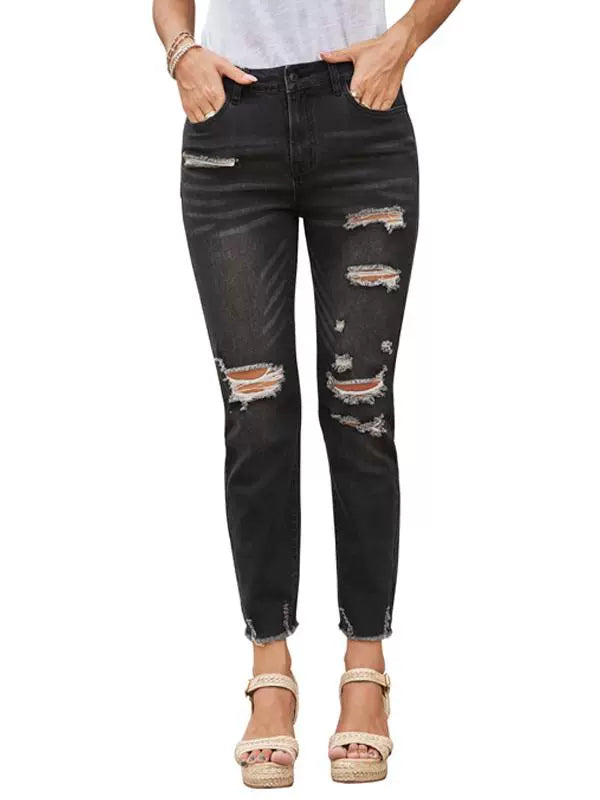 Shiying European and American Style Jeans Women's, Blue Ripped Street Style New Arrival High Waist Women's Cropped Jeans 78363