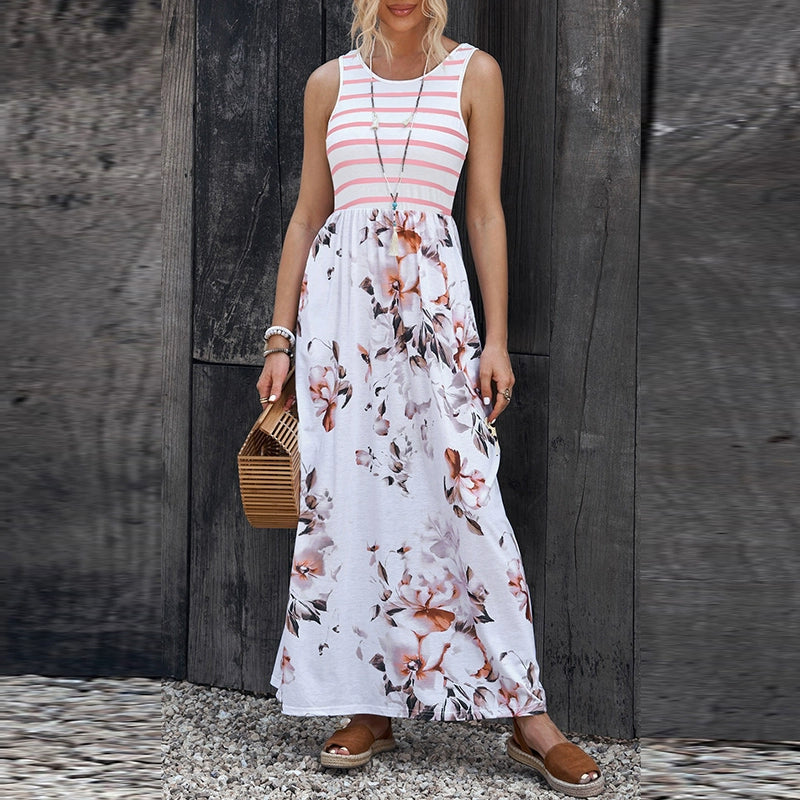 Fashion Stripes Sleeveless Dress Women's 2024 Summer New Arrival Floral A- line Skirt Loose Slimming and All-Matching Long Skirt Women