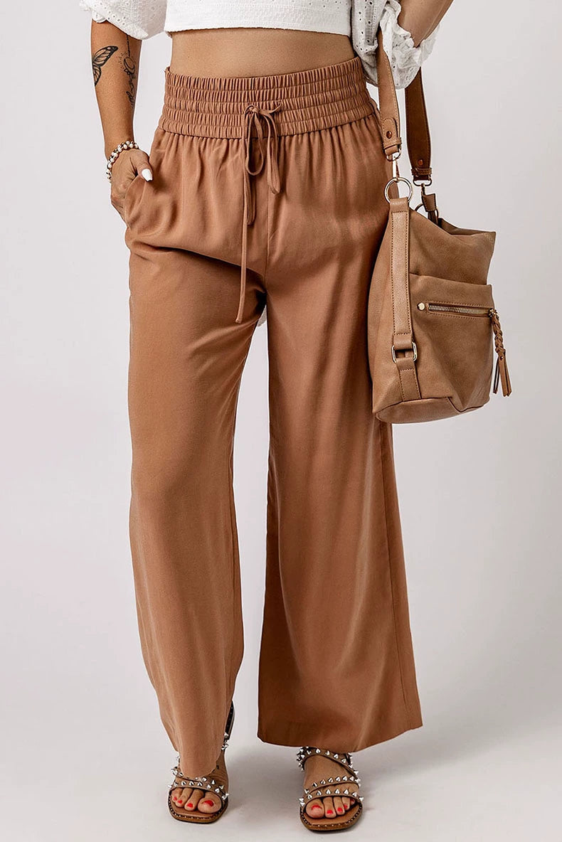 2024 Early Autumn Thin Type Drawstring Casual Pants Women's Fashion Style Fashion All-Match Smocking Wide Waist Head Ladies Wide Leg Pants