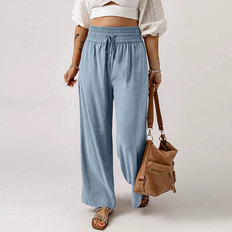 2024 Early Autumn Thin Type Drawstring Casual Pants Women's Fashion Style Fashion All-Match Smocking Wide Waist Head Ladies Wide Leg Pants