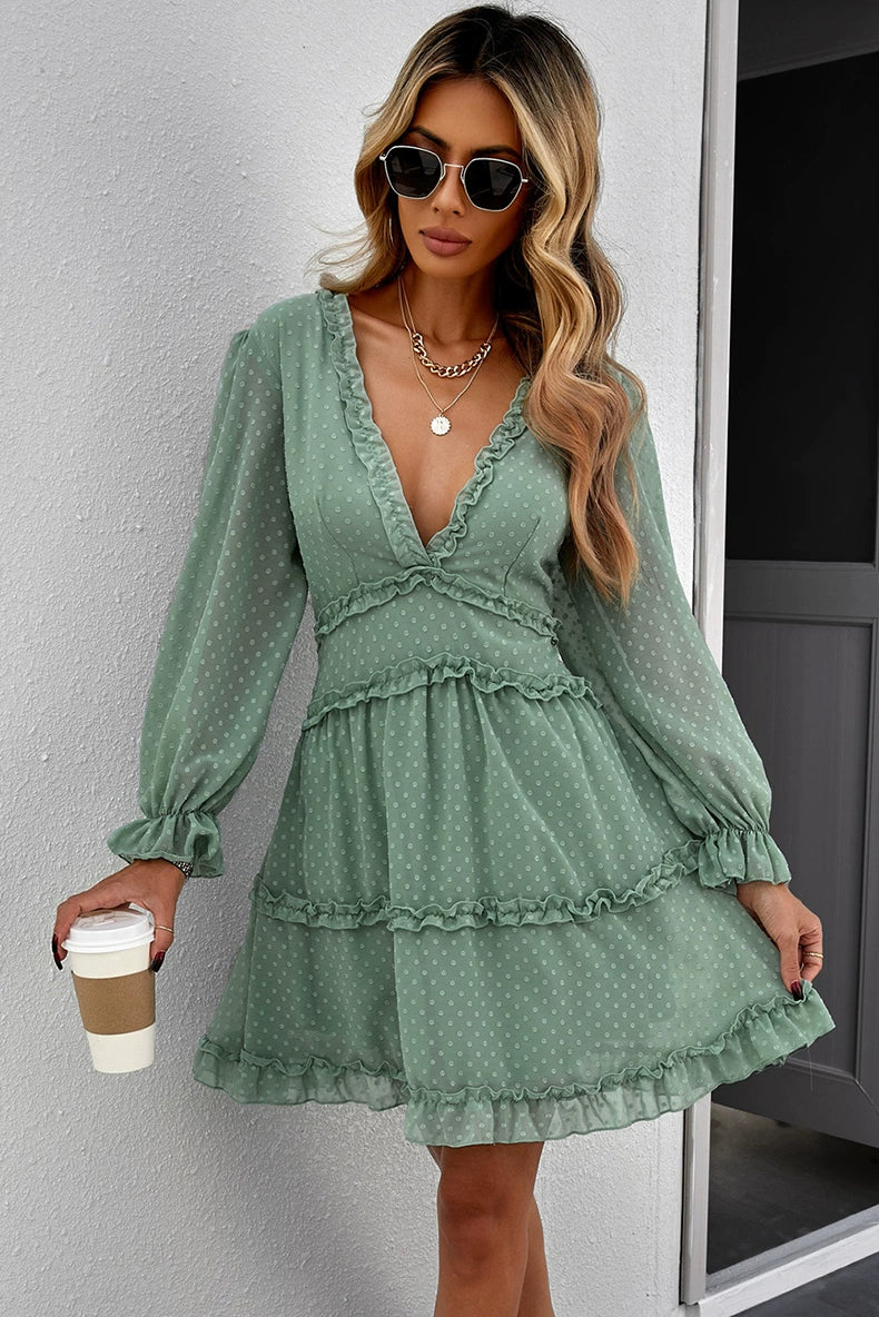 European and American Sexy Deep V Long Sleeve Dress Female 2024 Summer New Arrival Pure Color All-Matching Lantern Sleeve Knee-Length Skirt Female