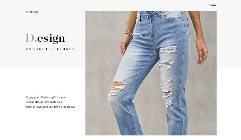 Shiying European and American Style Jeans Women's, Blue Ripped Street Style New Arrival High Waist Women's Cropped Jeans 78363