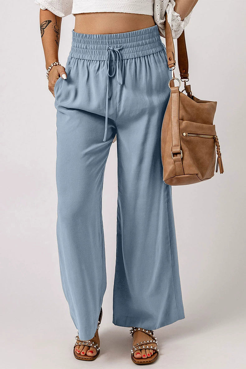 2024 Early Autumn Thin Type Drawstring Casual Pants Women's Fashion Style Fashion All-Match Smocking Wide Waist Head Ladies Wide Leg Pants