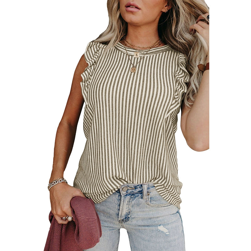 Ruffles Sleeveless Fashion Silm Stripes Pullover Tops