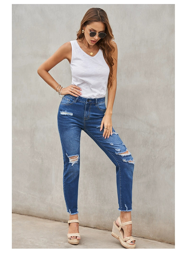 Shiying European and American Style Jeans Women's, Blue Ripped Street Style New Arrival High Waist Women's Cropped Jeans 78363