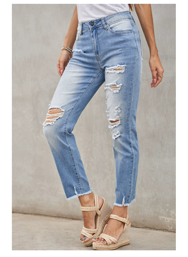 Shiying European and American Style Jeans Women's, Blue Ripped Street Style New Arrival High Waist Women's Cropped Jeans 78363