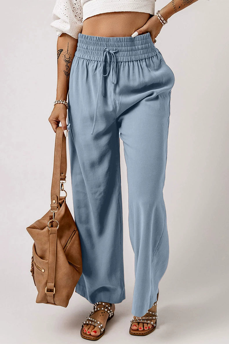 2024 Early Autumn Thin Type Drawstring Casual Pants Women's Fashion Style Fashion All-Match Smocking Wide Waist Head Ladies Wide Leg Pants