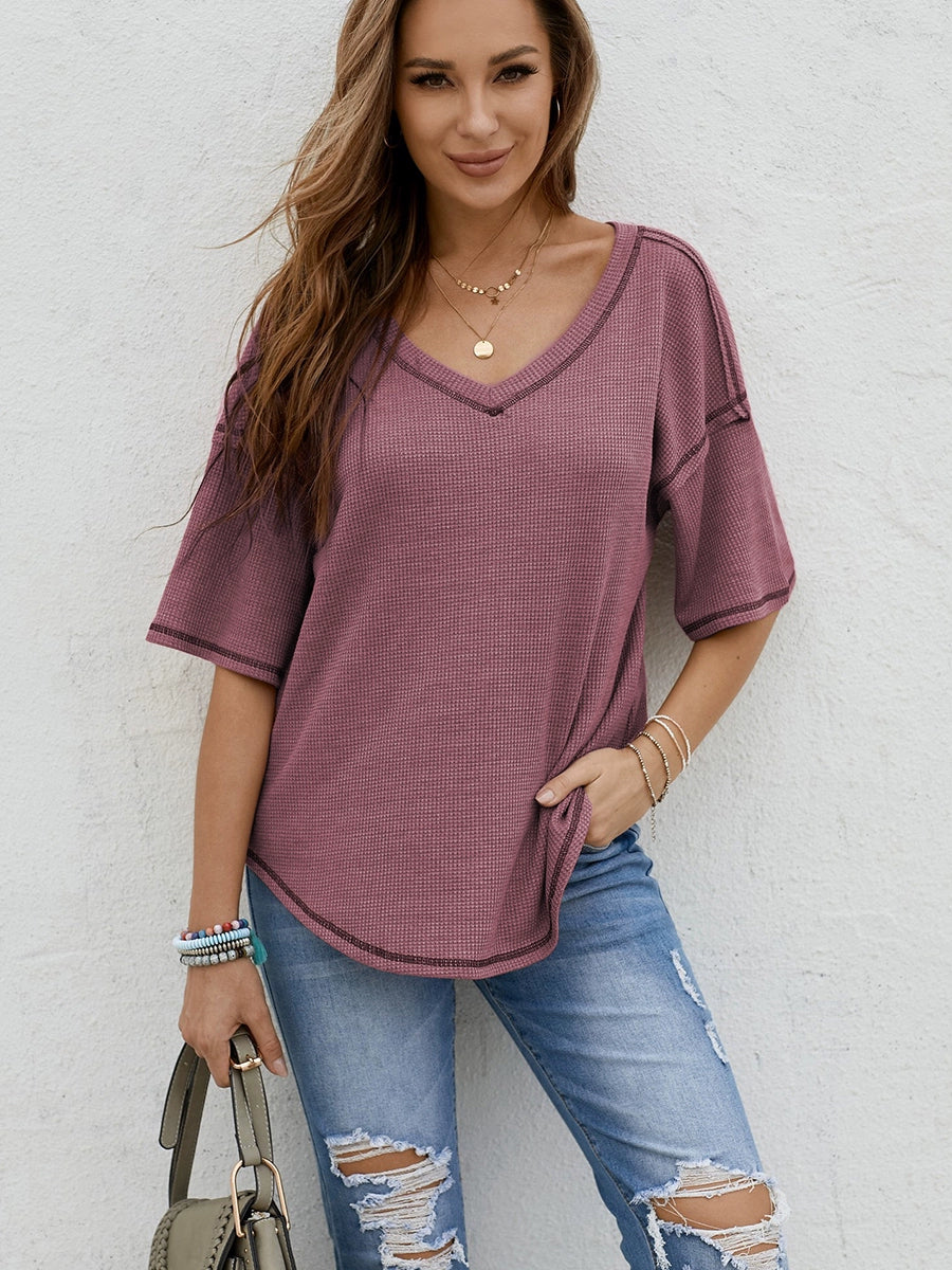 Dilamon New Arrival Pure Color Casual Half Sleeve Shirt Women's 2024 Fashion Fashion Loose V-neck Pullover Short Sleeve T-shirt