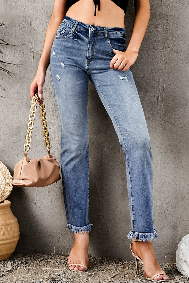 2024 Pure Color Washed Denim Women Fashion Idle Style Loose Cool Casual High Waist Straight-Leg Pants Women