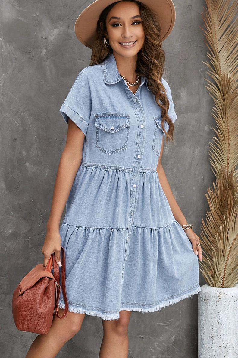 2024 Special-Interest Design Dress Female Fashionable European and American Style Single Breasted Cinched Slimming Short Sleeves Denim Skirt