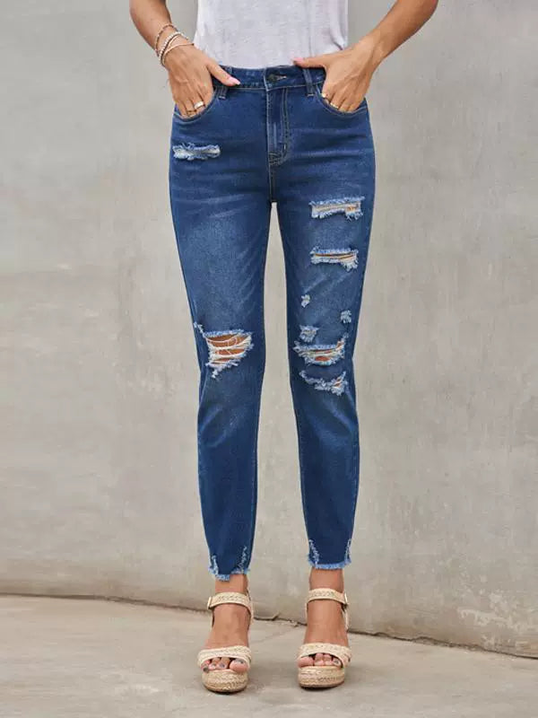 Shiying European and American Style Jeans Women's, Blue Ripped Street Style New Arrival High Waist Women's Cropped Jeans 78363