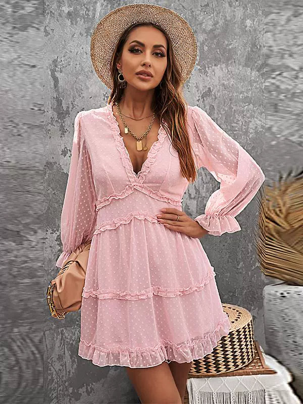 European and American Sexy Deep V Long Sleeve Dress Female 2024 Summer New Arrival Pure Color All-Matching Lantern Sleeve Knee-Length Skirt Female