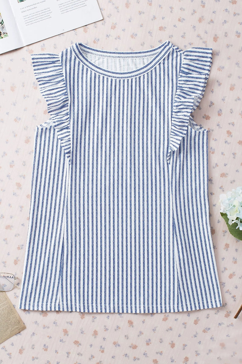 Ruffles Sleeveless Fashion Silm Stripes Pullover Tops