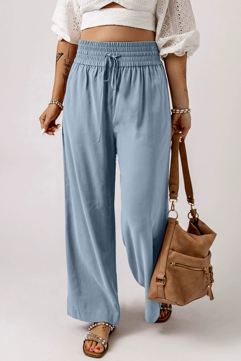 2024 Early Autumn Thin Type Drawstring Casual Pants Women's Fashion Style Fashion All-Match Smocking Wide Waist Head Ladies Wide Leg Pants