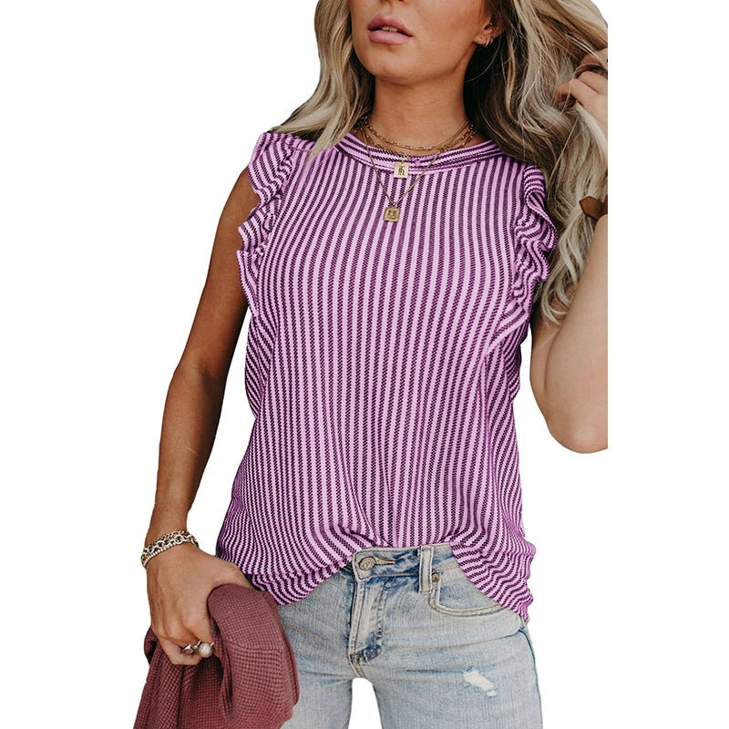 Ruffles Sleeveless Fashion Silm Stripes Pullover Tops