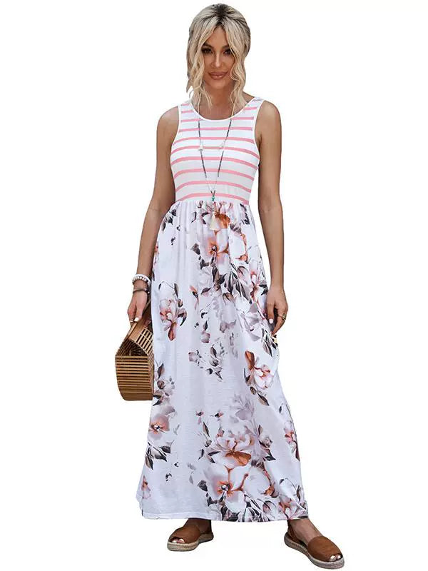 Fashion Stripes Sleeveless Dress Women's 2024 Summer New Arrival Floral A- line Skirt Loose Slimming and All-Matching Long Skirt Women