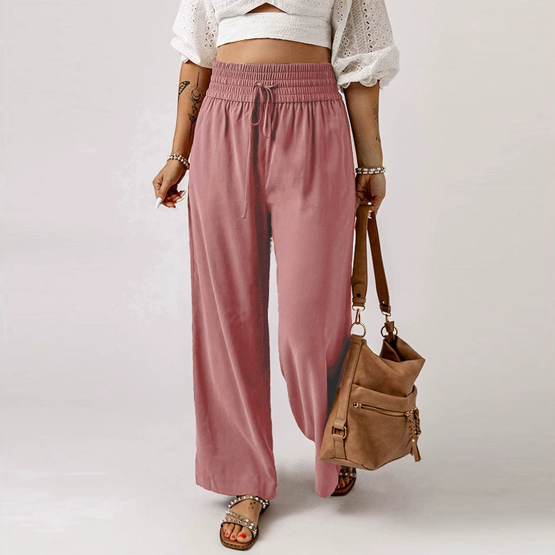 2024 Early Autumn Thin Type Drawstring Casual Pants Women's Fashion Style Fashion All-Match Smocking Wide Waist Head Ladies Wide Leg Pants