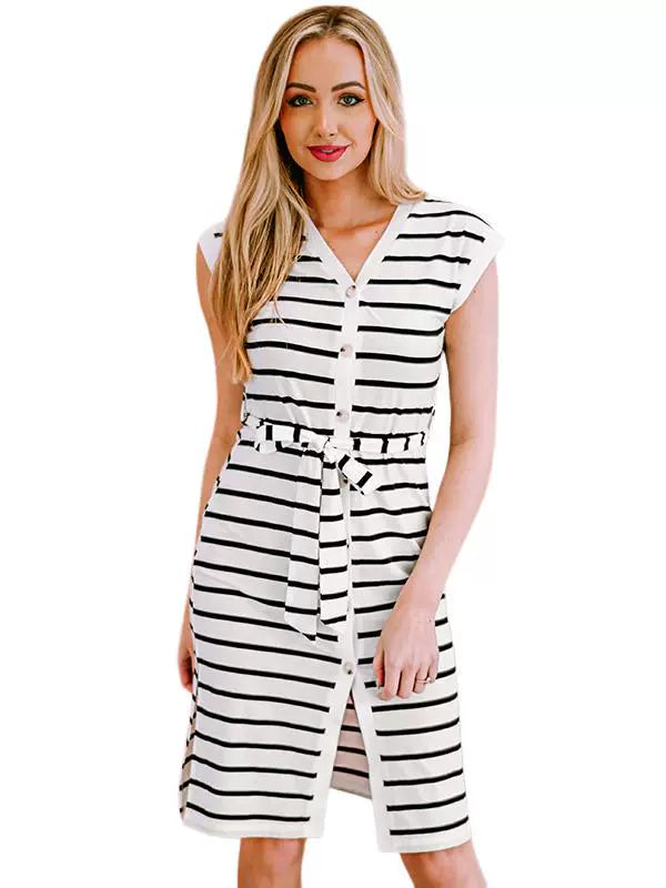 Summer Stripes Thin Sleeveless Dress Women's 2024 Fashion Style Cardigan Single-Breasted V Neck Knee-Length Skirt Women