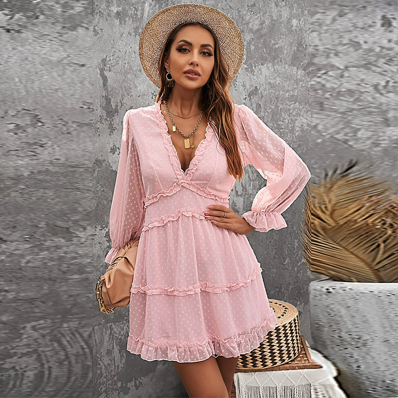 European and American Sexy Deep V Long Sleeve Dress Female 2024 Summer New Arrival Pure Color All-Matching Lantern Sleeve Knee-Length Skirt Female