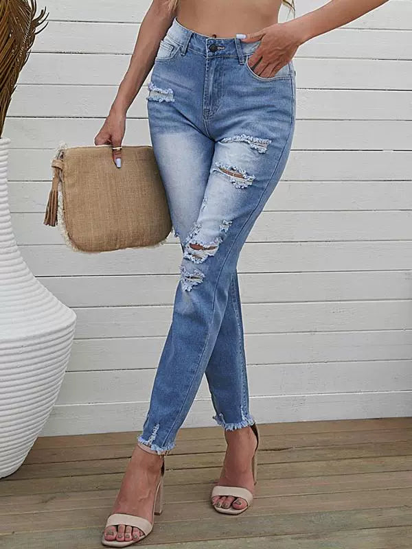 Shiying European and American Style Jeans Women's, Blue Ripped Street Style New Arrival High Waist Women's Cropped Jeans 78363