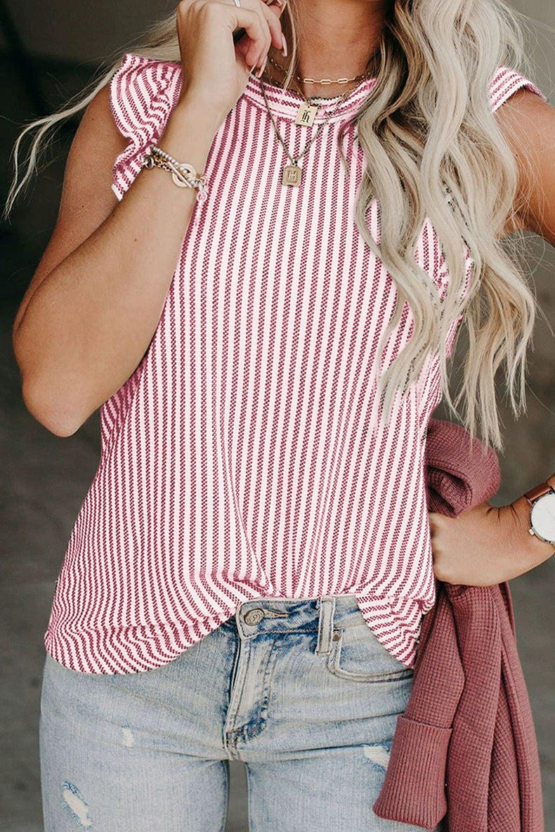 Ruffles Sleeveless Fashion Silm Stripes Pullover Tops