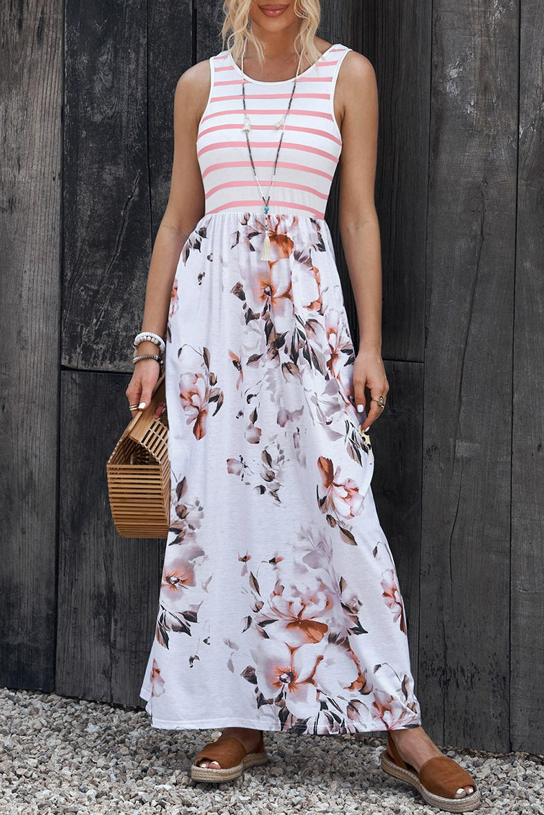 Fashion Stripes Sleeveless Dress Women's 2024 Summer New Arrival Floral A- line Skirt Loose Slimming and All-Matching Long Skirt Women