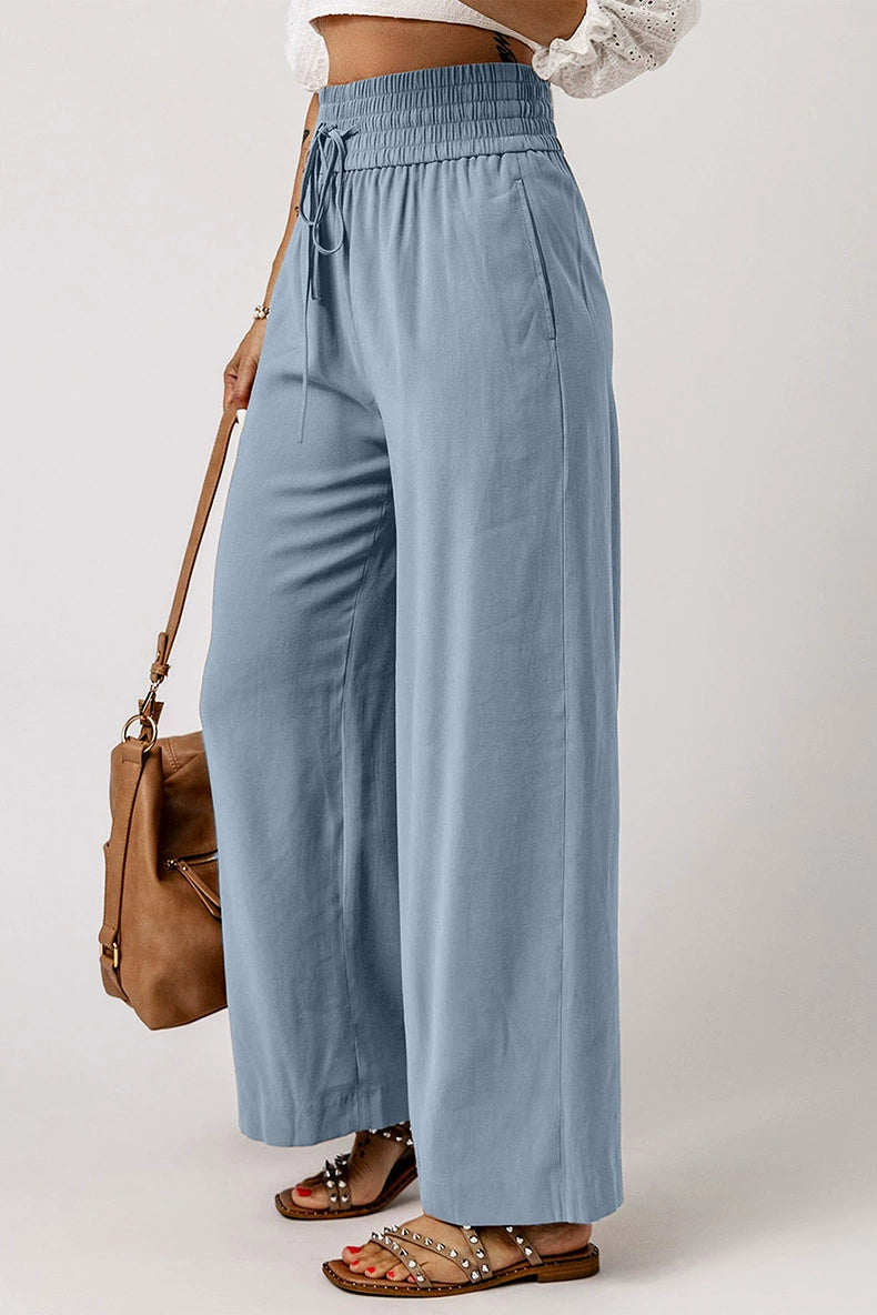 2024 Early Autumn Thin Type Drawstring Casual Pants Women's Fashion Style Fashion All-Match Smocking Wide Waist Head Ladies Wide Leg Pants