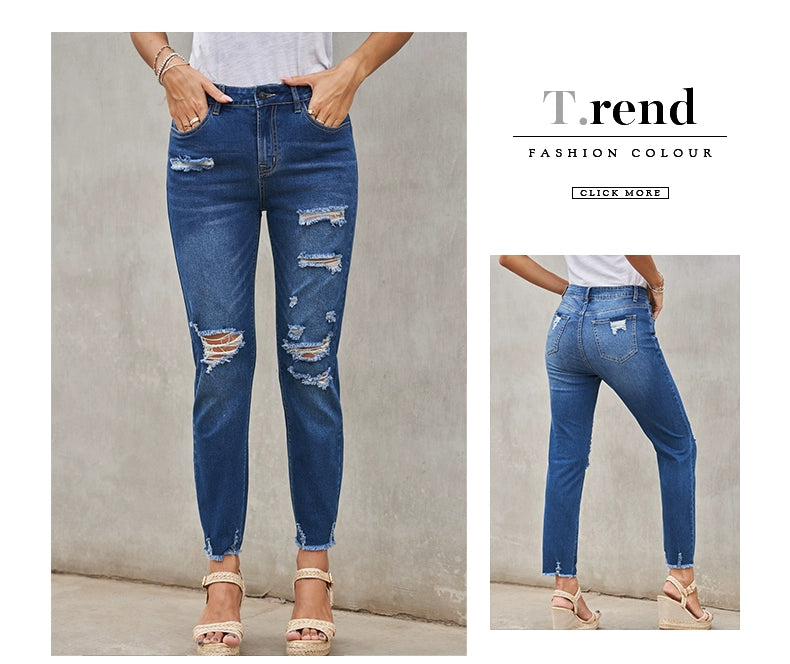 Shiying European and American Style Jeans Women's, Blue Ripped Street Style New Arrival High Waist Women's Cropped Jeans 78363