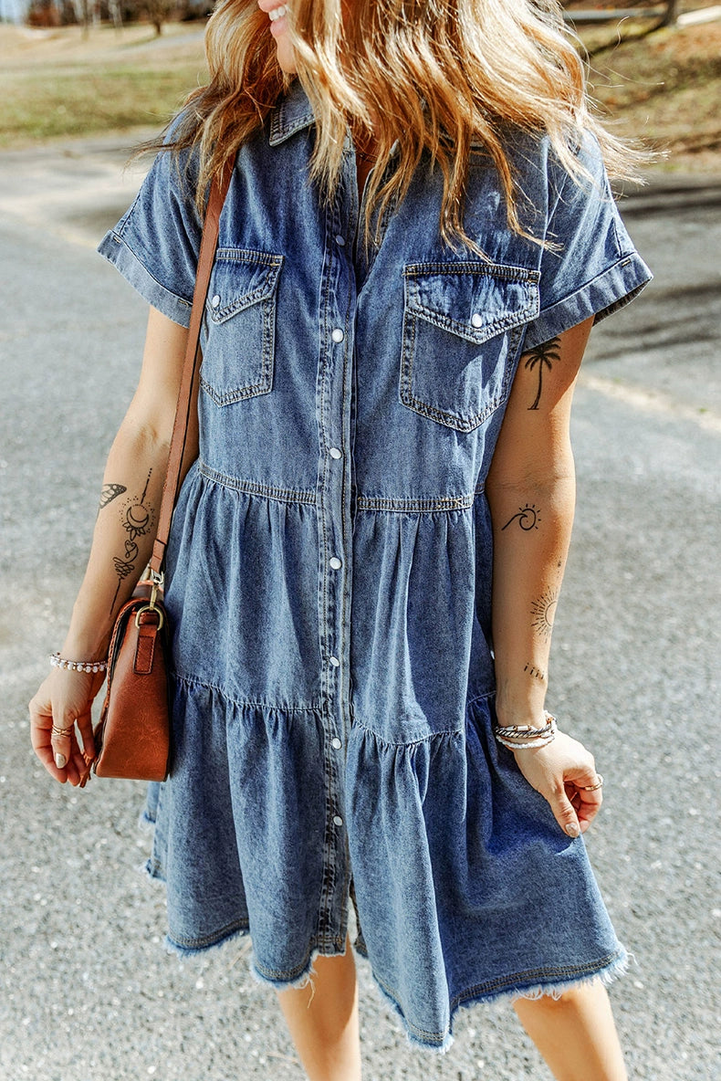 2024 Special-Interest Design Dress Female Fashionable European and American Style Single Breasted Cinched Slimming Short Sleeves Denim Skirt