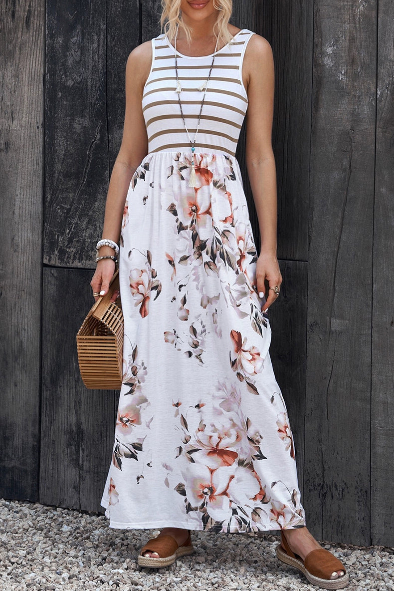 Fashion Stripes Sleeveless Dress Women's 2024 Summer New Arrival Floral A- line Skirt Loose Slimming and All-Matching Long Skirt Women