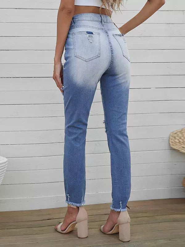 Shiying European and American Style Jeans Women's, Blue Ripped Street Style New Arrival High Waist Women's Cropped Jeans 78363