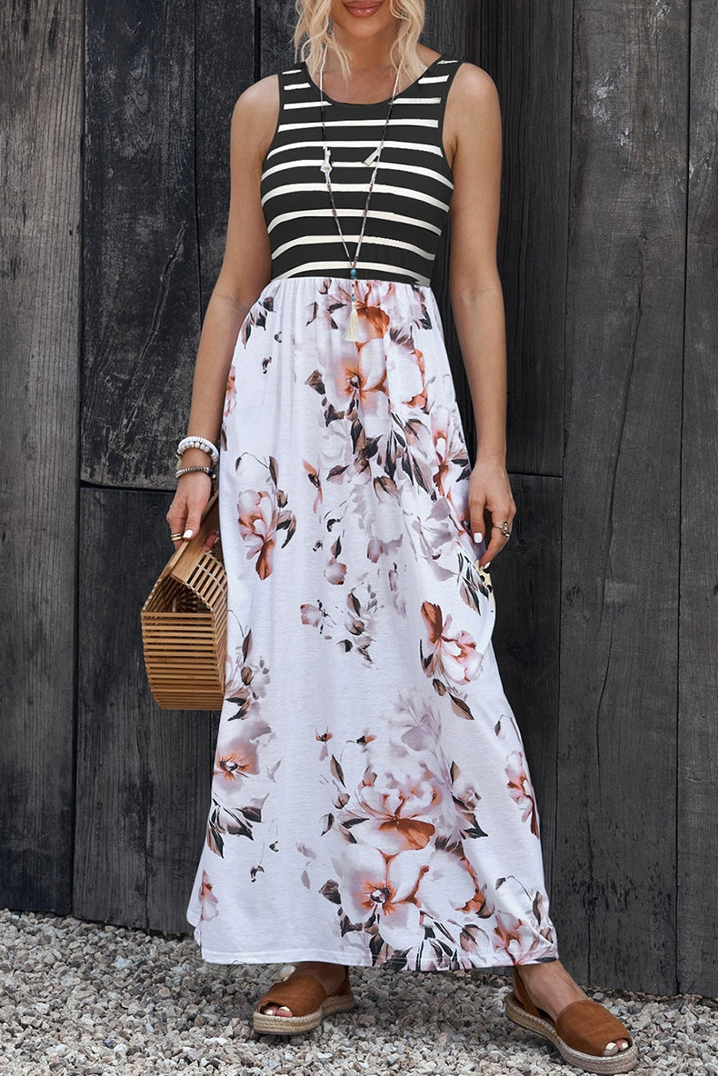 Fashion Stripes Sleeveless Dress Women's 2024 Summer New Arrival Floral A- line Skirt Loose Slimming and All-Matching Long Skirt Women