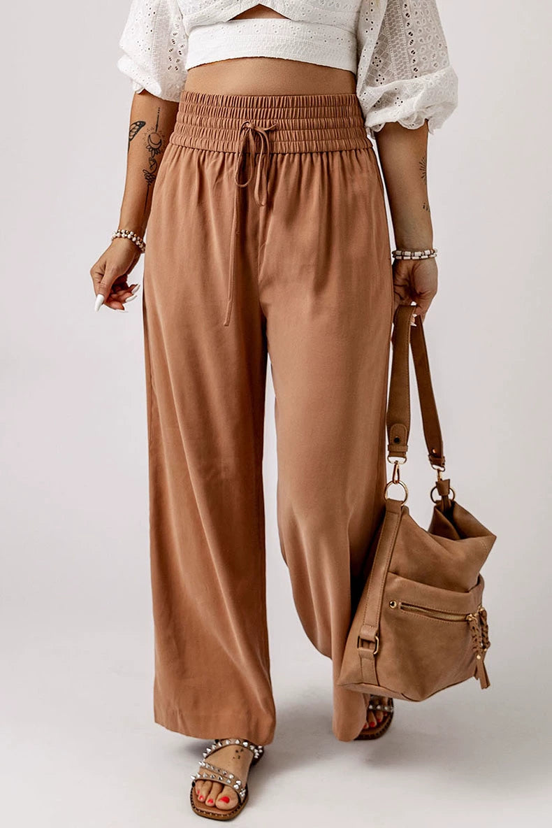 2024 Early Autumn Thin Type Drawstring Casual Pants Women's Fashion Style Fashion All-Match Smocking Wide Waist Head Ladies Wide Leg Pants