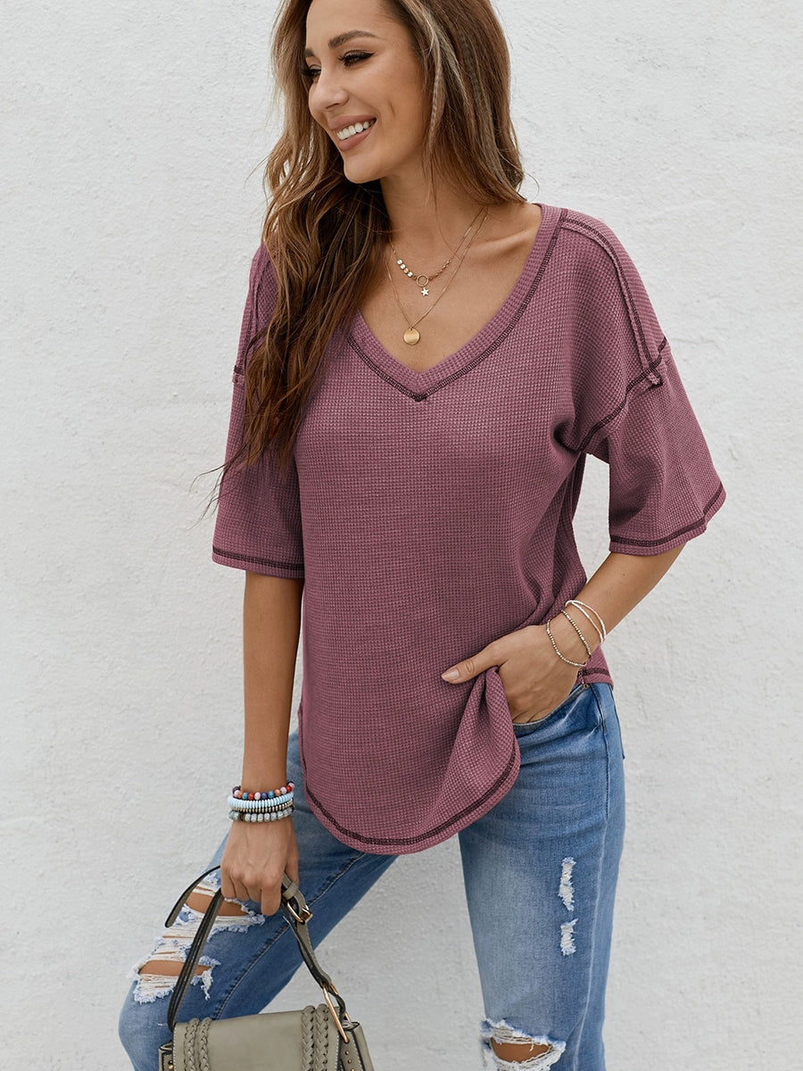 Dilamon New Arrival Pure Color Casual Half Sleeve Shirt Women's 2024 Fashion Fashion Loose V-neck Pullover Short Sleeve T-shirt