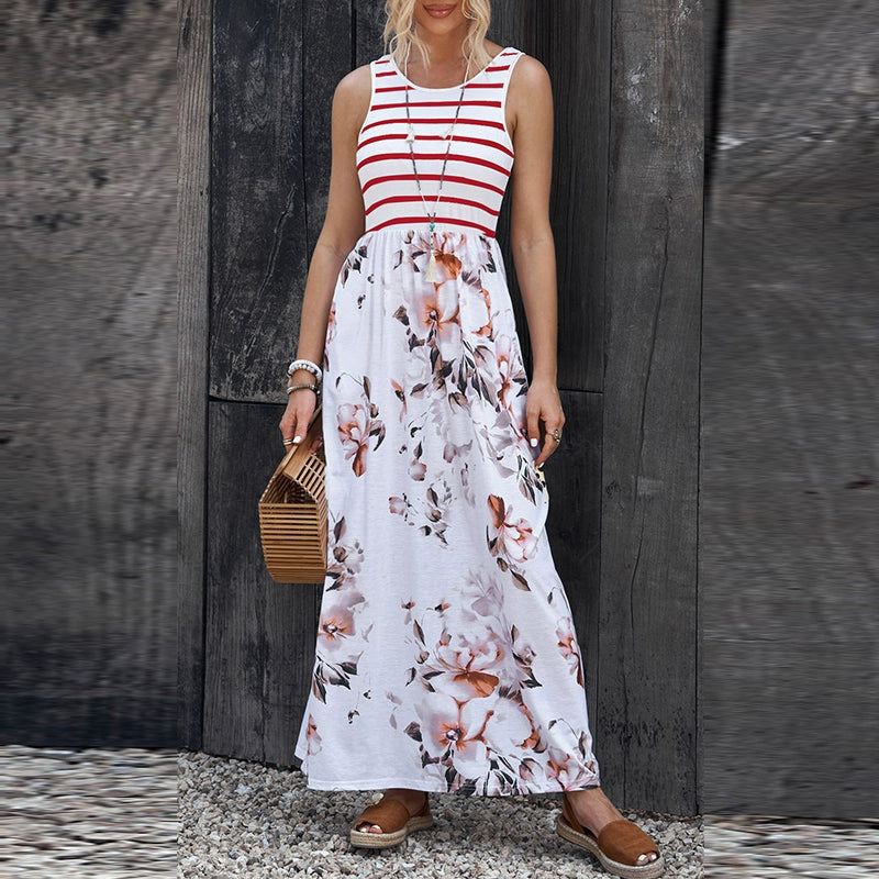 Fashion Stripes Sleeveless Dress Women's 2024 Summer New Arrival Floral A- line Skirt Loose Slimming and All-Matching Long Skirt Women