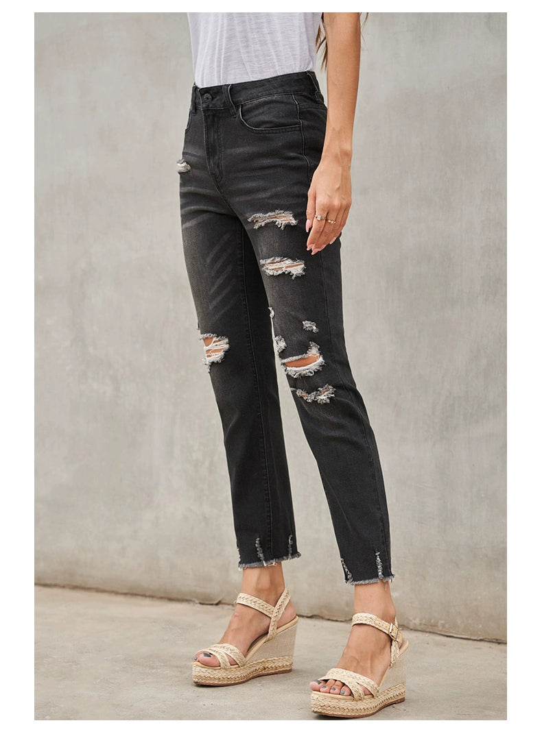 Shiying European and American Style Jeans Women's, Blue Ripped Street Style New Arrival High Waist Women's Cropped Jeans 78363