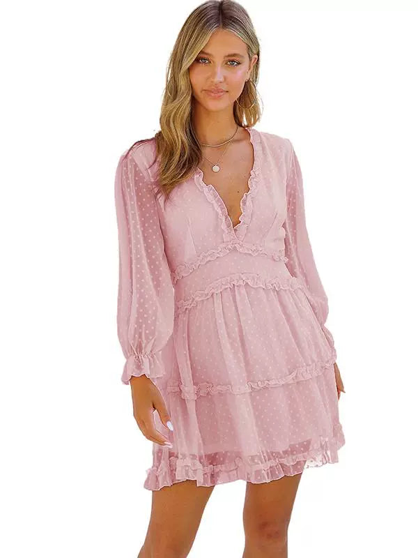 European and American Sexy Deep V Long Sleeve Dress Female 2024 Summer New Arrival Pure Color All-Matching Lantern Sleeve Knee-Length Skirt Female