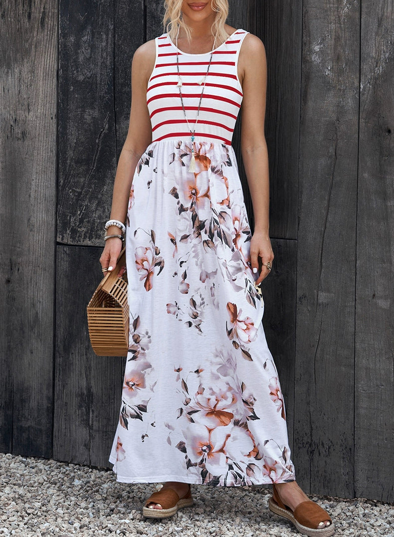 Fashion Stripes Sleeveless Dress Women's 2024 Summer New Arrival Floral A- line Skirt Loose Slimming and All-Matching Long Skirt Women