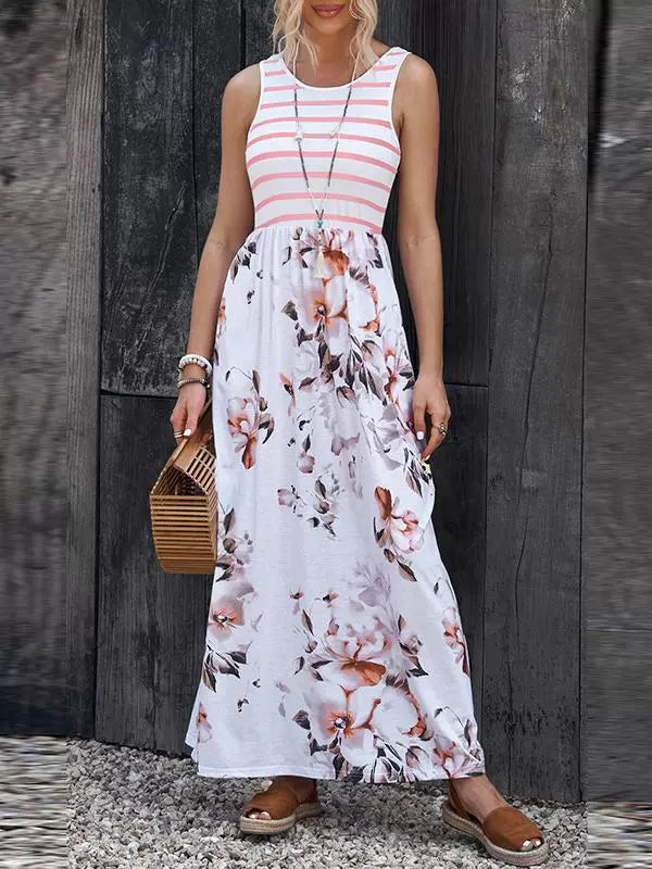 Fashion Stripes Sleeveless Dress Women's 2024 Summer New Arrival Floral A- line Skirt Loose Slimming and All-Matching Long Skirt Women