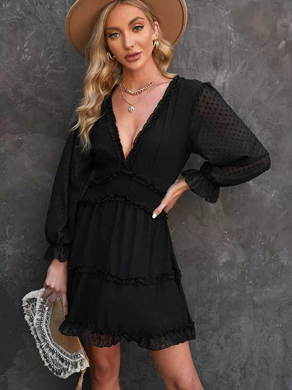 European and American Sexy Deep V Long Sleeve Dress Female 2024 Summer New Arrival Pure Color All-Matching Lantern Sleeve Knee-Length Skirt Female