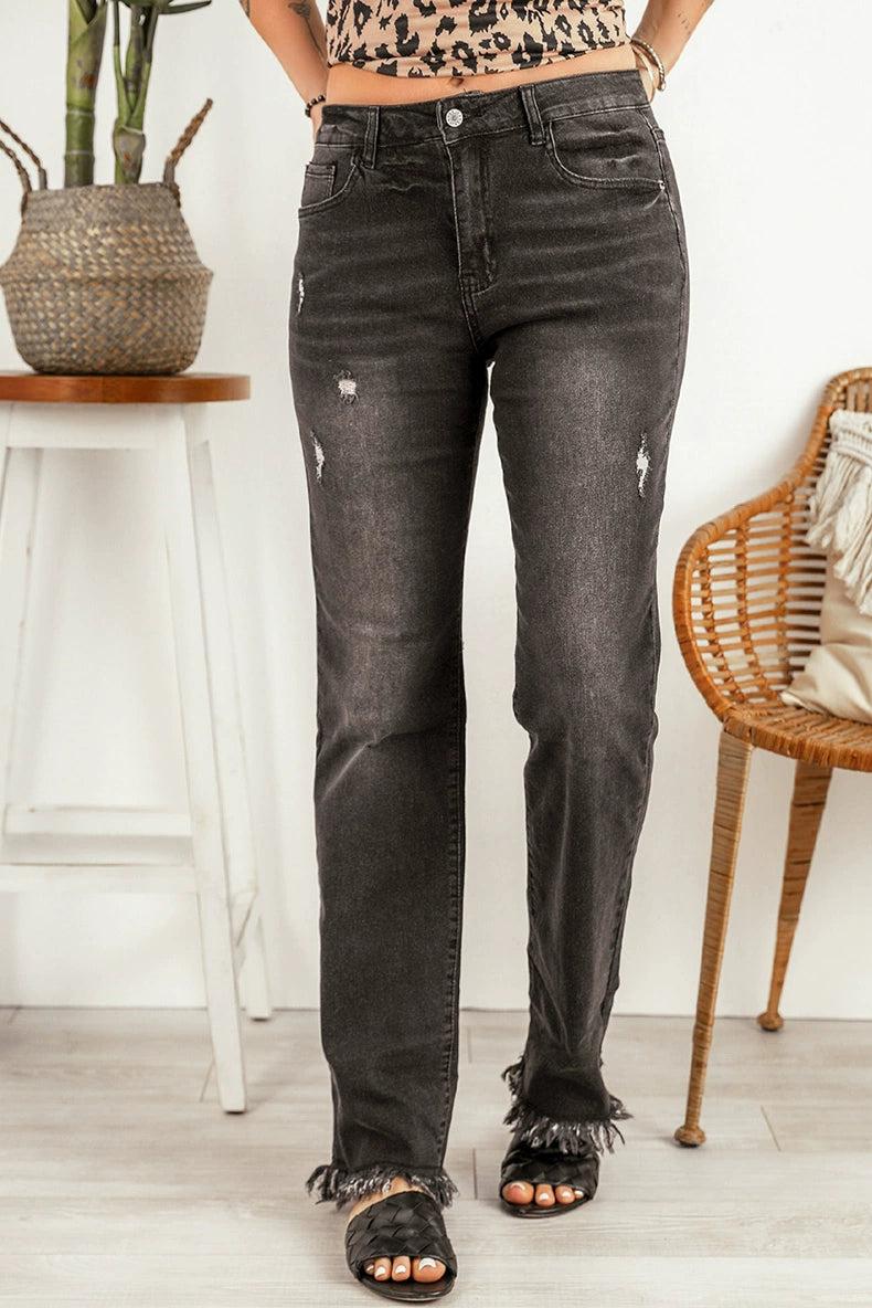 2024 Pure Color Washed Denim Women Fashion Idle Style Loose Cool Casual High Waist Straight-Leg Pants Women