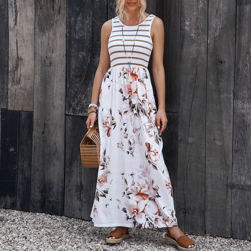 Fashion Stripes Sleeveless Dress Women's 2024 Summer New Arrival Floral A- line Skirt Loose Slimming and All-Matching Long Skirt Women