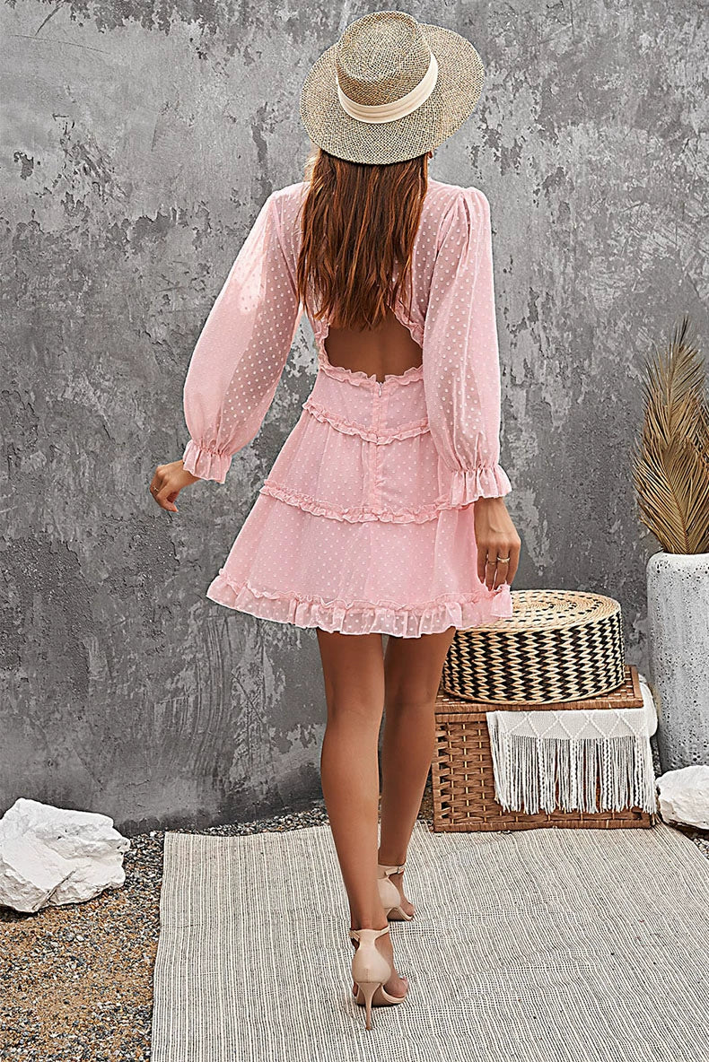 European and American Sexy Deep V Long Sleeve Dress Female 2024 Summer New Arrival Pure Color All-Matching Lantern Sleeve Knee-Length Skirt Female