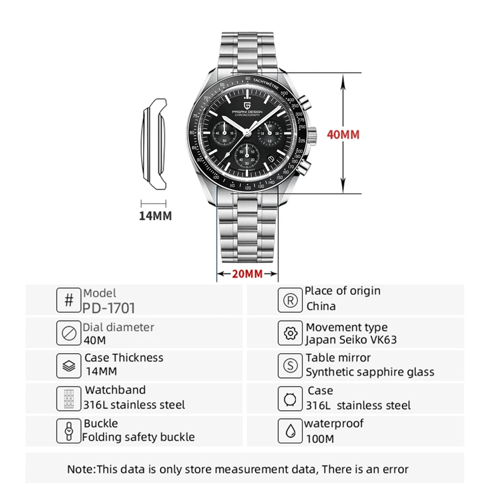 PAGANI DESIGN Moon Mens Watch Chronometer Sapphire Mirror Sports Quartz Watch For Men Waterproof Luminous Relogio Masculino 2024