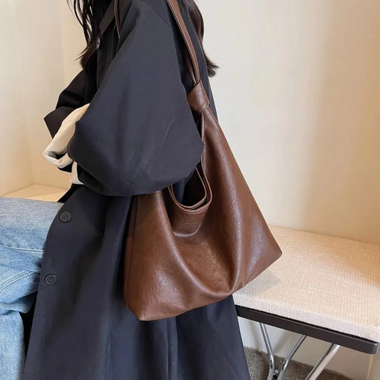 Fashion Luxury Brown Handbags Women Large Capacity Shoulder Bags Retro Leather Tote Bag Shopping 2024 New Big Underarm Hobo Bags