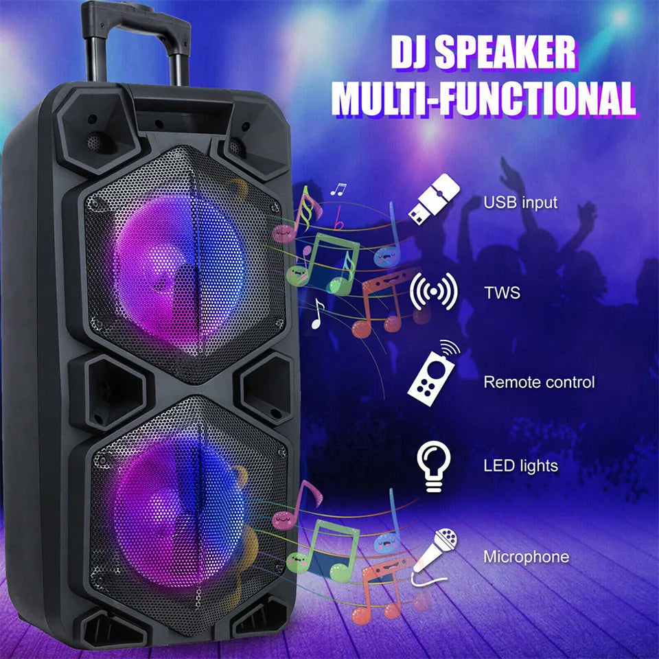 9000W Bluetooth Speaker Rechargable Dual 10" Woofer Party FM Karaok DJ LED AUX With Microphone Tws